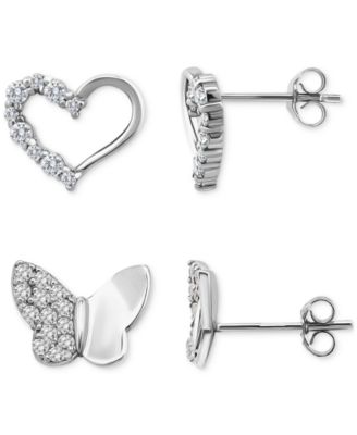 Cubic Zirconia Heart & Butterfly 2-Pc. Set Stud Earrings (1 ct. t.w.) in 18k Gold over Sterling Silver, Exclusively at Macy's