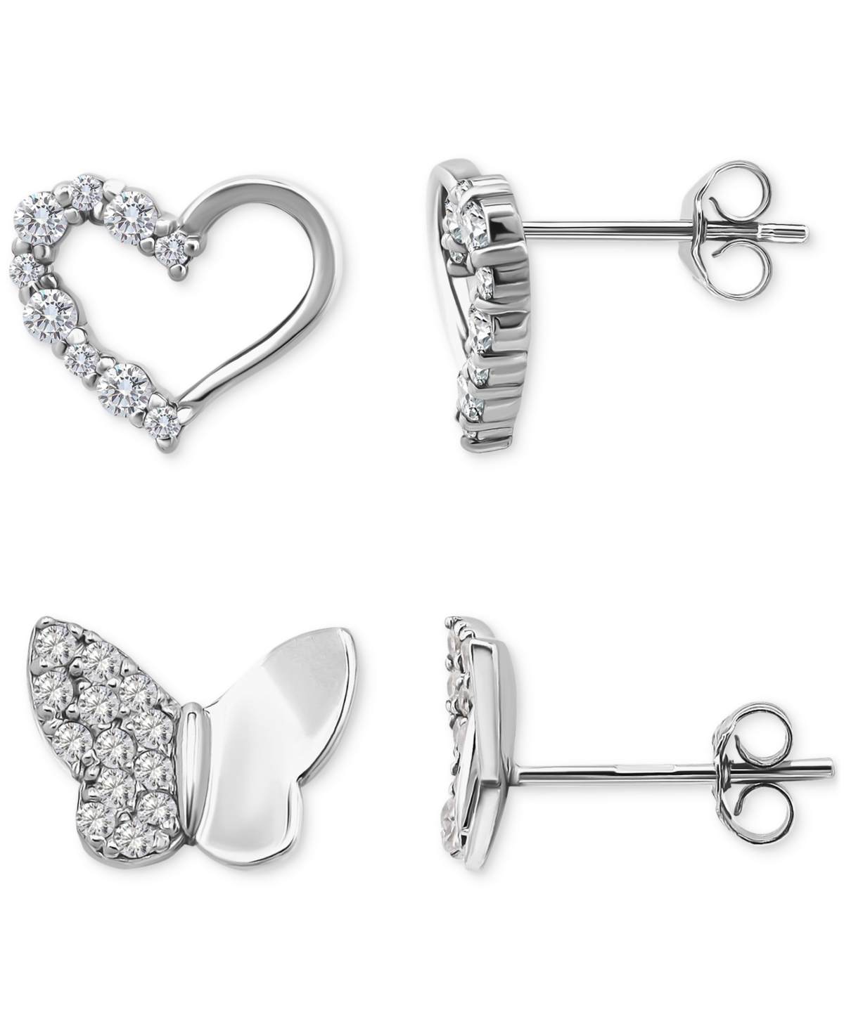 Giani Bernini Cubic Zirconia Heart & Butterfly 2-pc. Set Stud Earrings (1 Ct. T.w.) In 18k Gold Over Sterling Silv In Sterling Silver