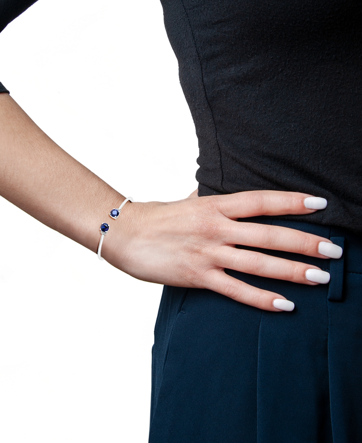 Macy's Lab Created Blue Sapphire (3-1/5 Ct. T.w.) & Diamond Accent Open Cuff Bracelet In Sterling Silver In No Color
