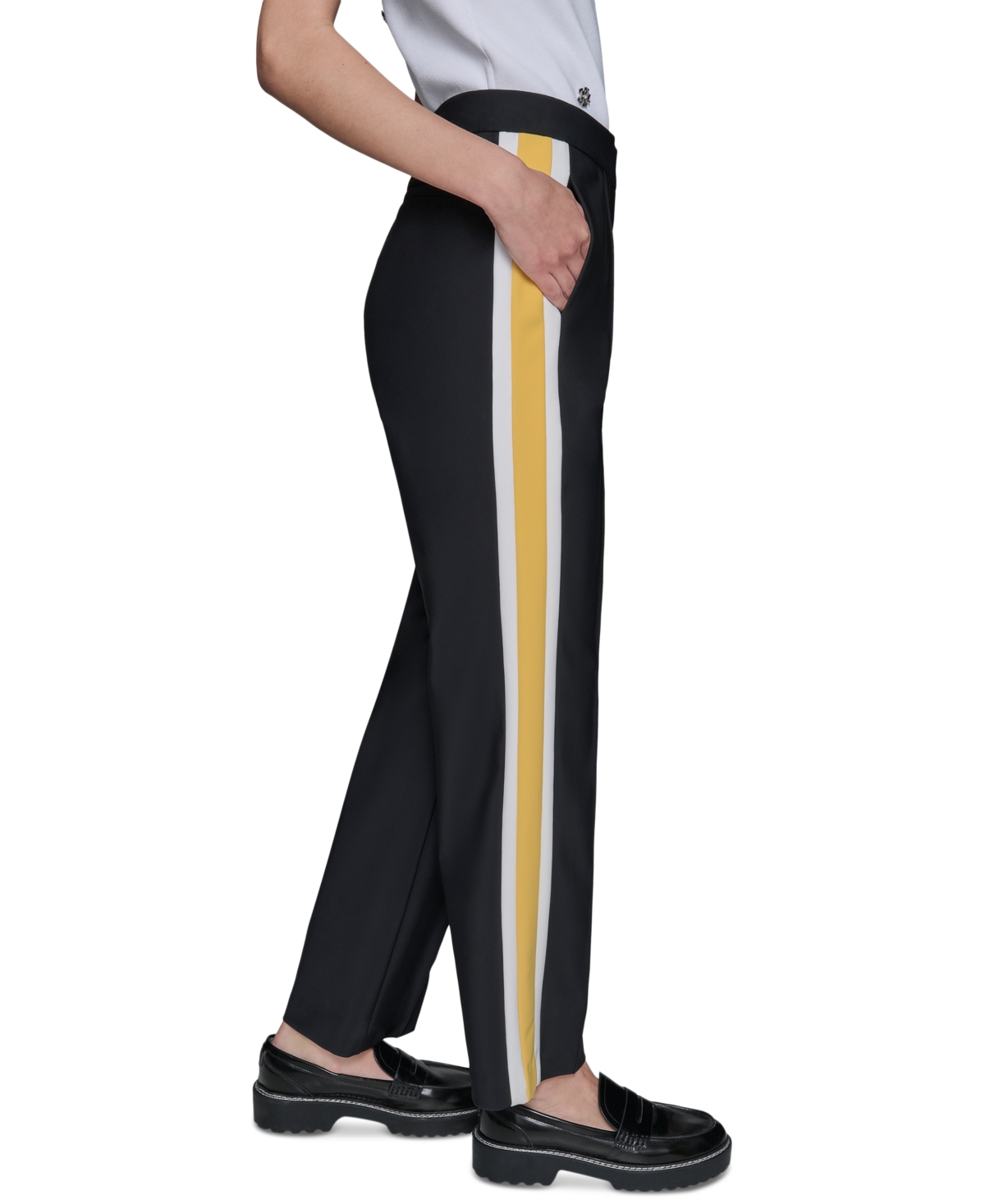 Shop Karl Lagerfeld Women's Side-stripe Ankle Pants In Black  Daffodil