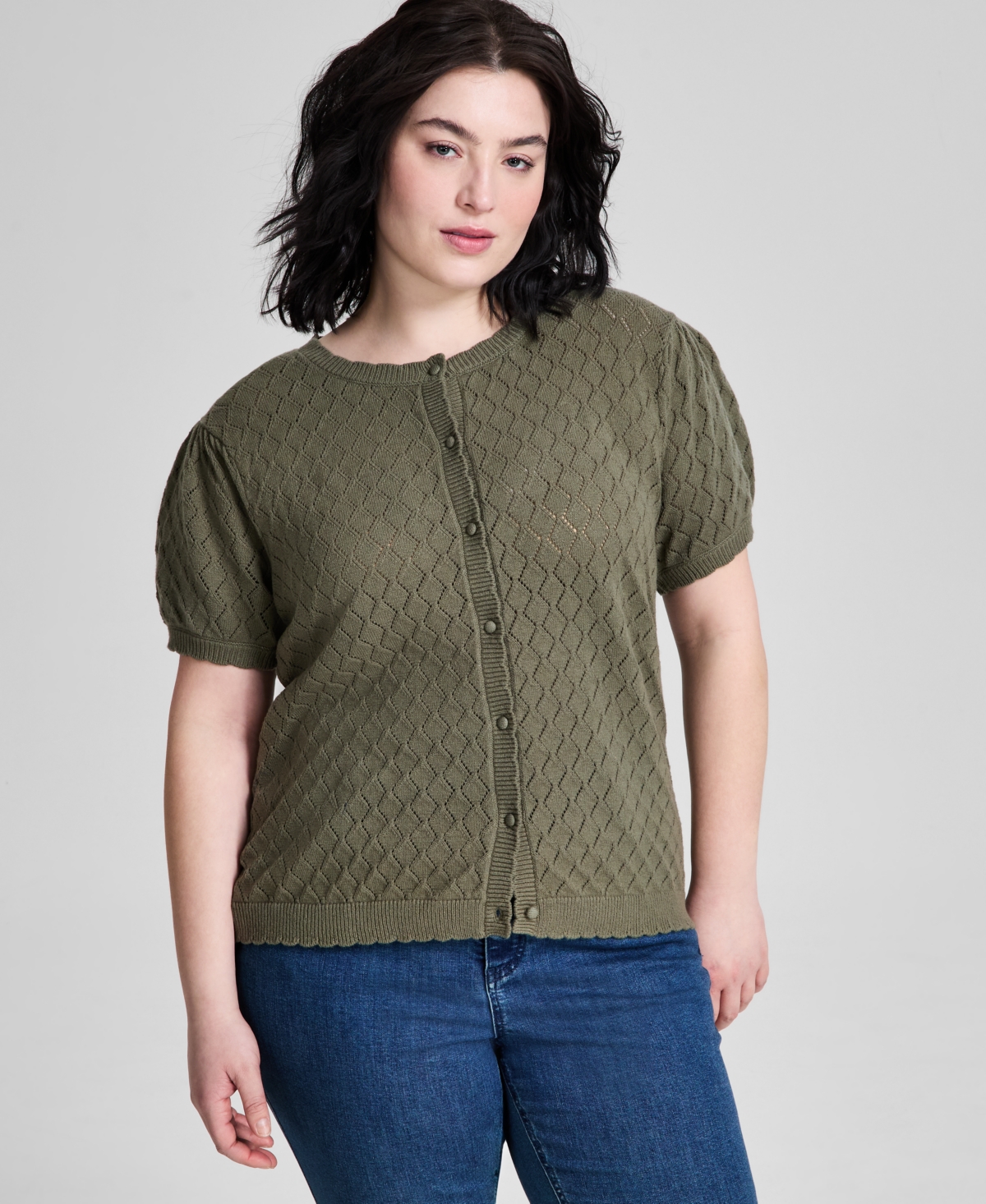 And Now This Trendy Plus Size Short-sleeve Cardigan, Exclusively At Macy's In Olive
