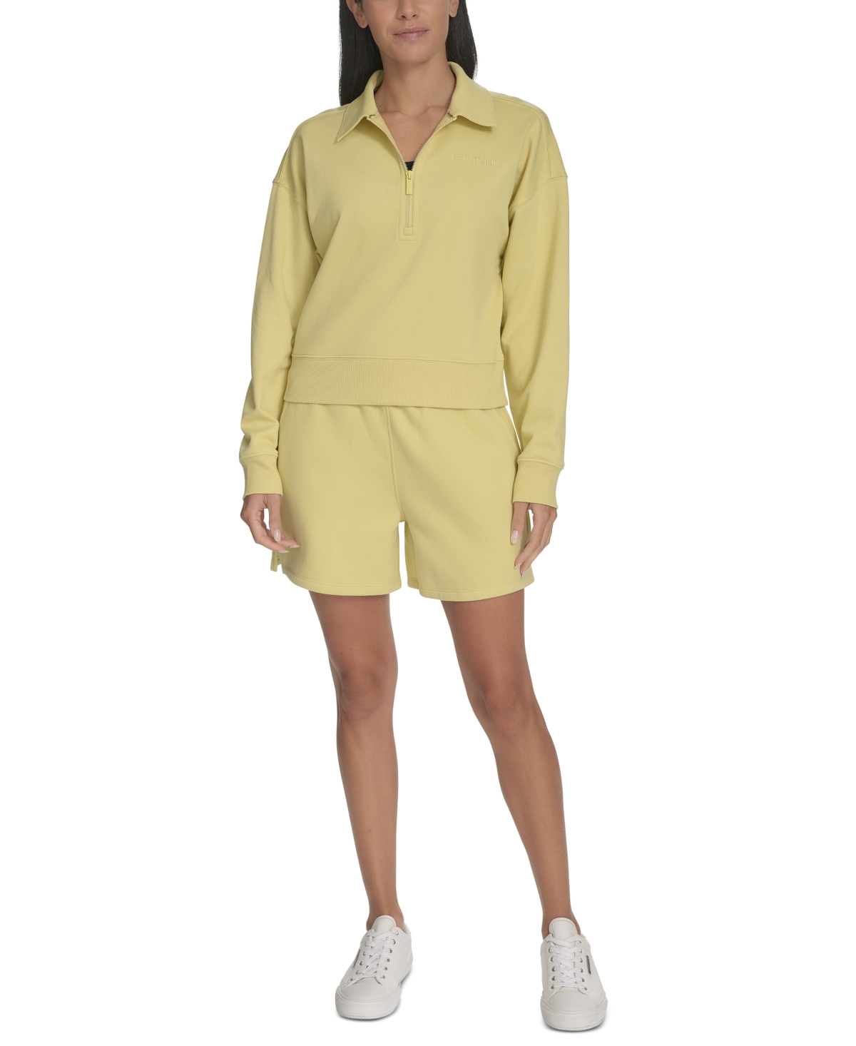 Calvin Klein Women's French Terry Collared Half-zip Pullover Top In Muted Lime