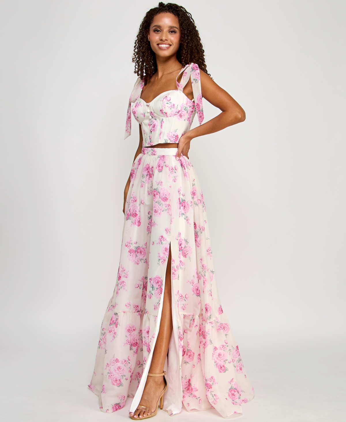 B Darlin Juniors' Floral Print Two-piece Corset Ball Gown, Created For Macy's In Off White,pink