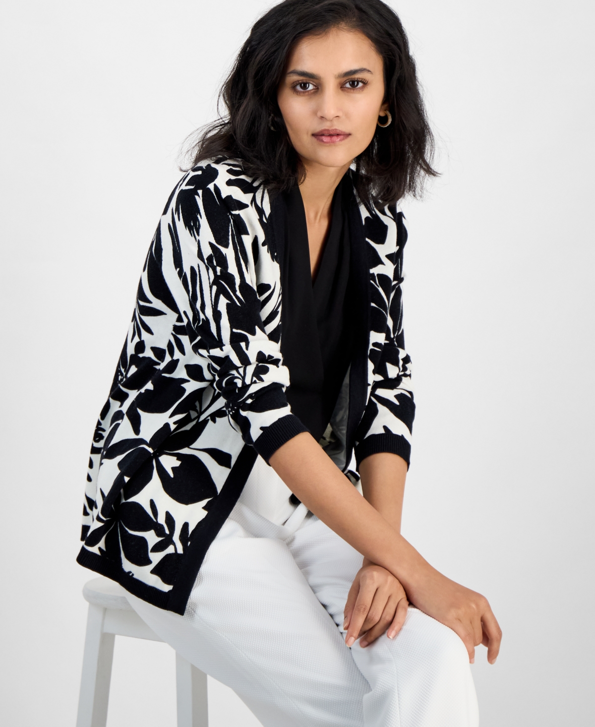 Women's Printed Open-Front Long-Sleeve Cardigan - Vanilla Ice/Black