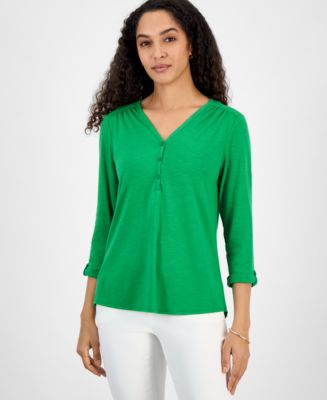 売れ筋商品|||カスパー カットソー トップス レディース Women's Draped Cuffed-Sleeve Henley-Neck Top Kasper Navy Kasper Women's Draped Cuffed-Sleeve Henley-Neck Top - Macy's
