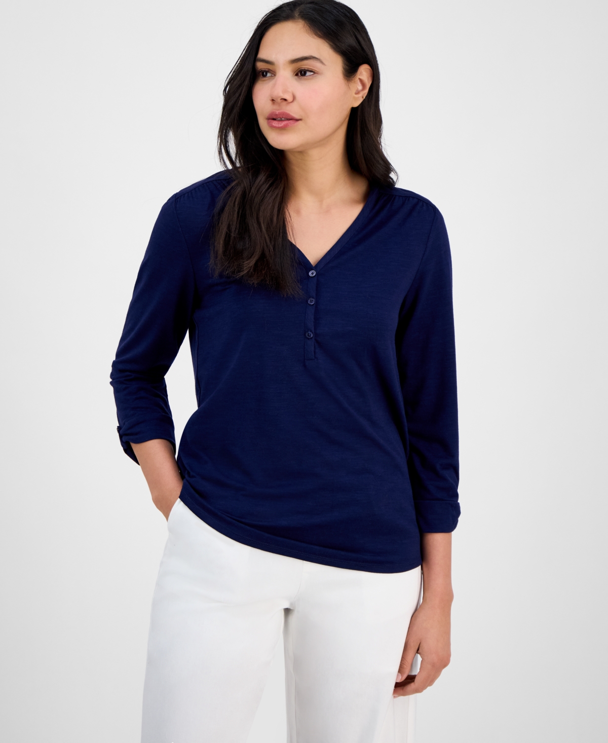 Kasper Women's Draped Cuffed-sleeve Henley-neck Top In  Navy