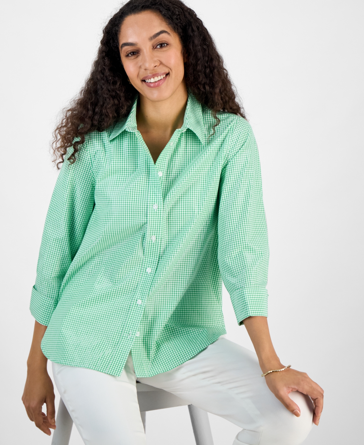 Kasper Women's Gingham Button-front 2/3-sleeve Shirt In Lily White,apple Green