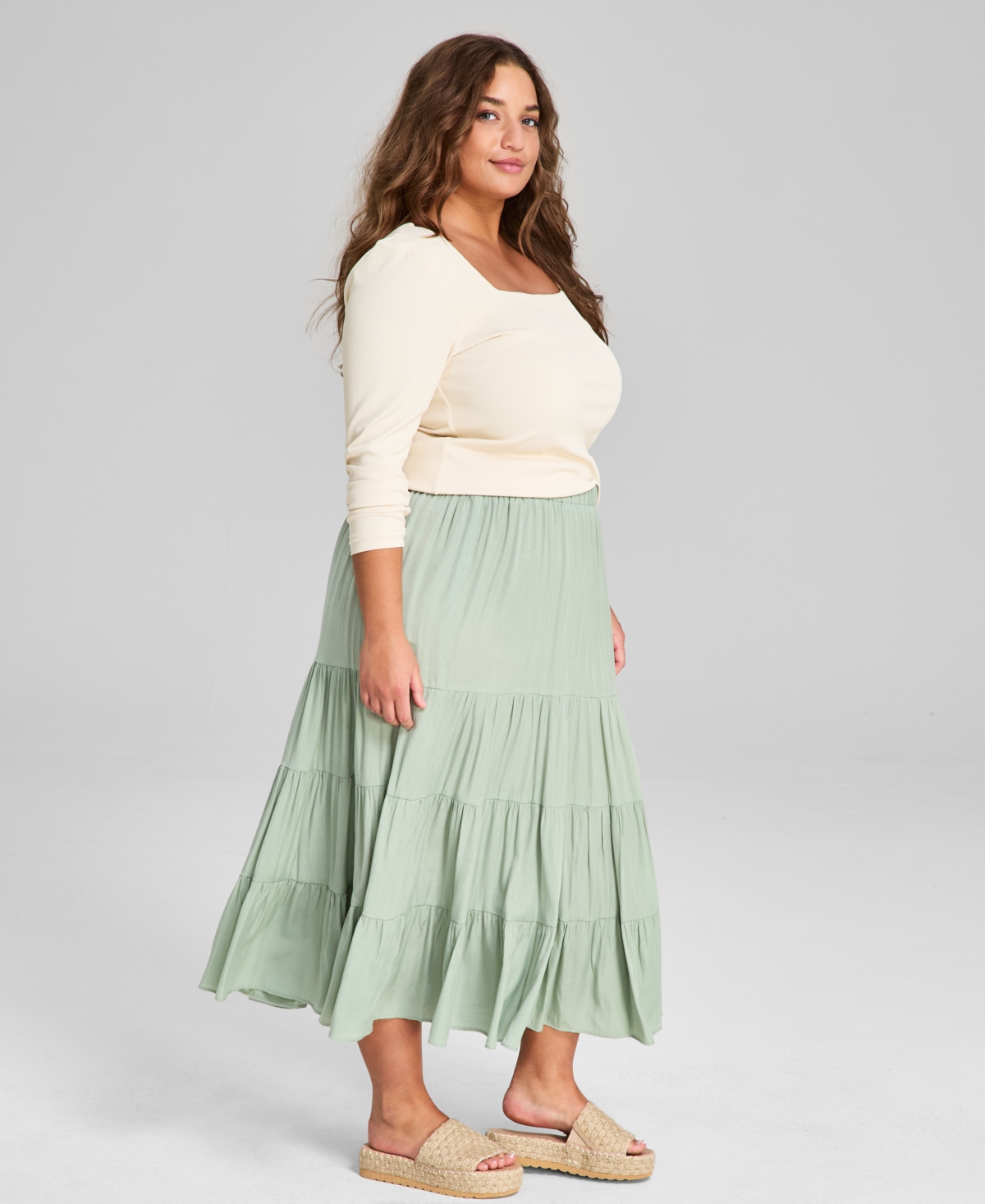 AND NOW THIS PLUS SIZE PULL-ON TIERED MIDI SKIRT 