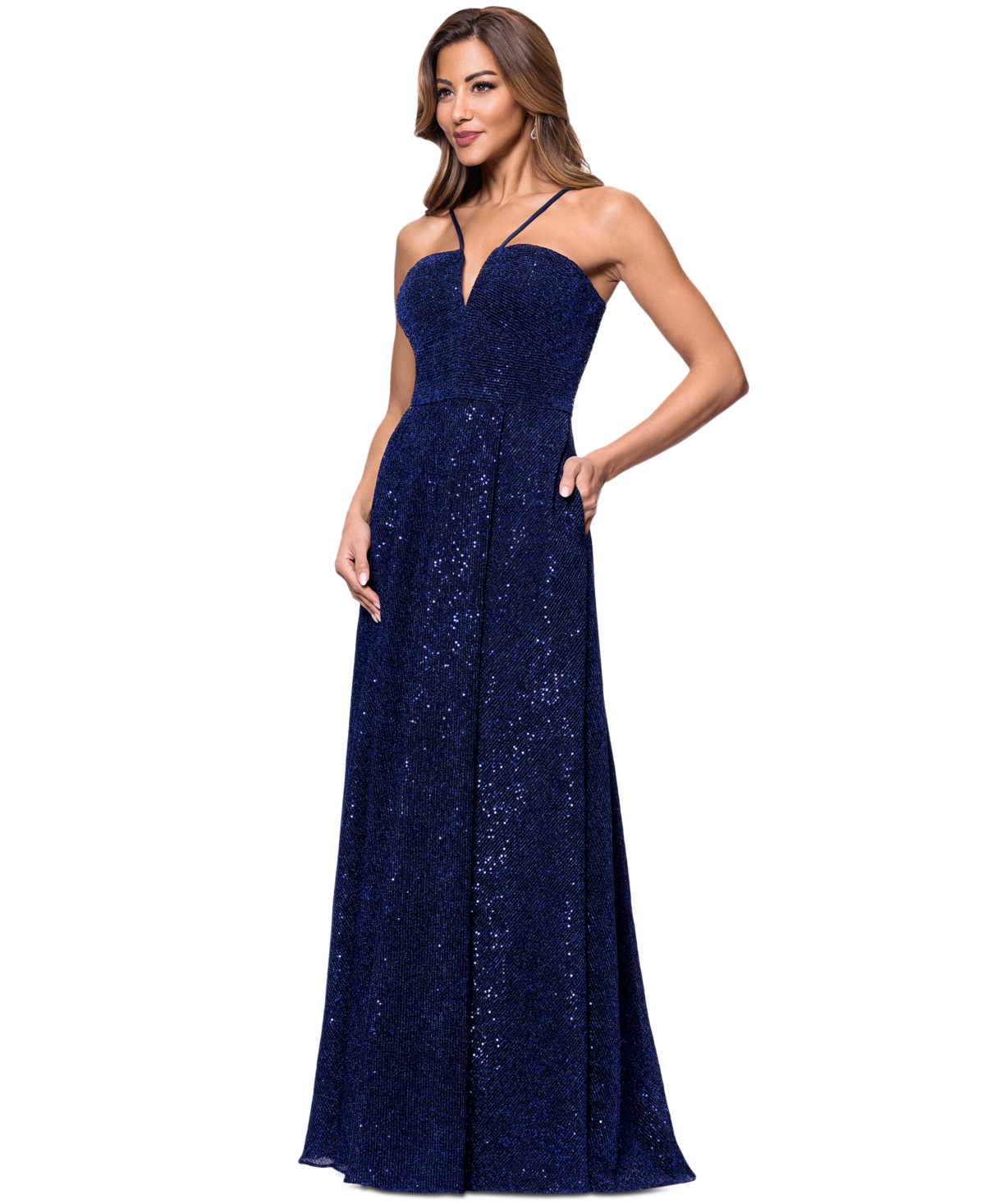 Xscape Women's Sequined Plunge-neck Sleeveless Gown In Navy