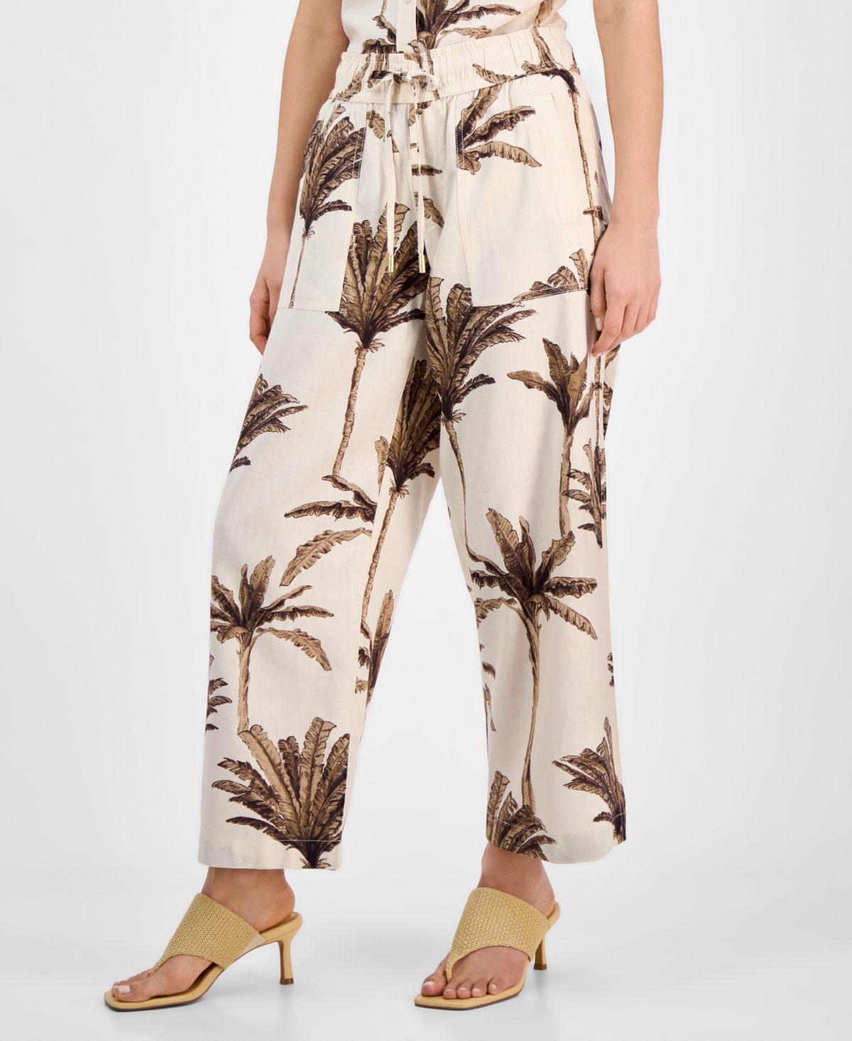 Nautica Jeans Women's Palm-print Linen-blend Wide-leg Pants In Parchment Multi