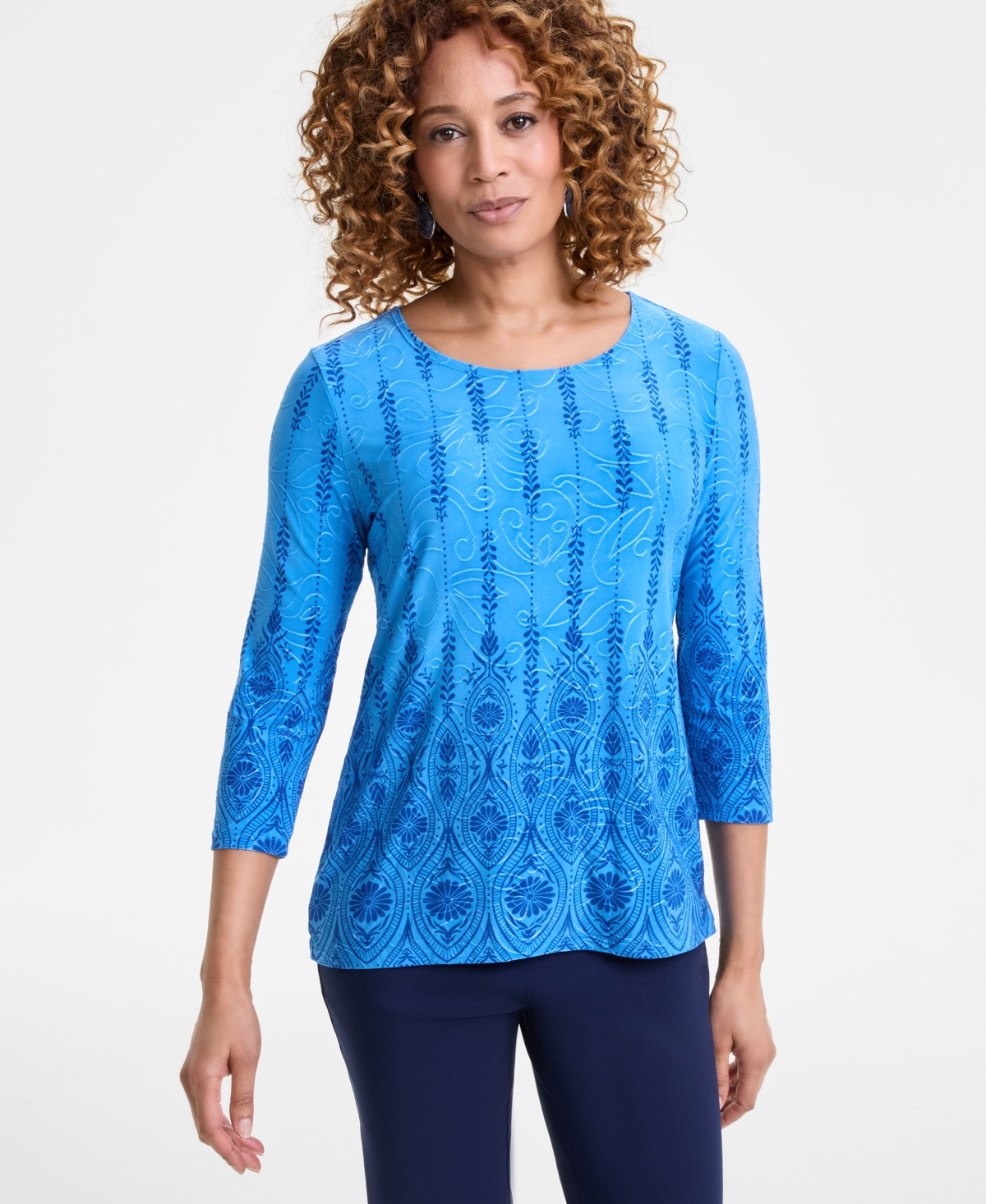 JM COLLECTION PETITE PRINTED JACQUARD SCOOP-NECK TOP, EXCLUSIVELY AT MACY'S 