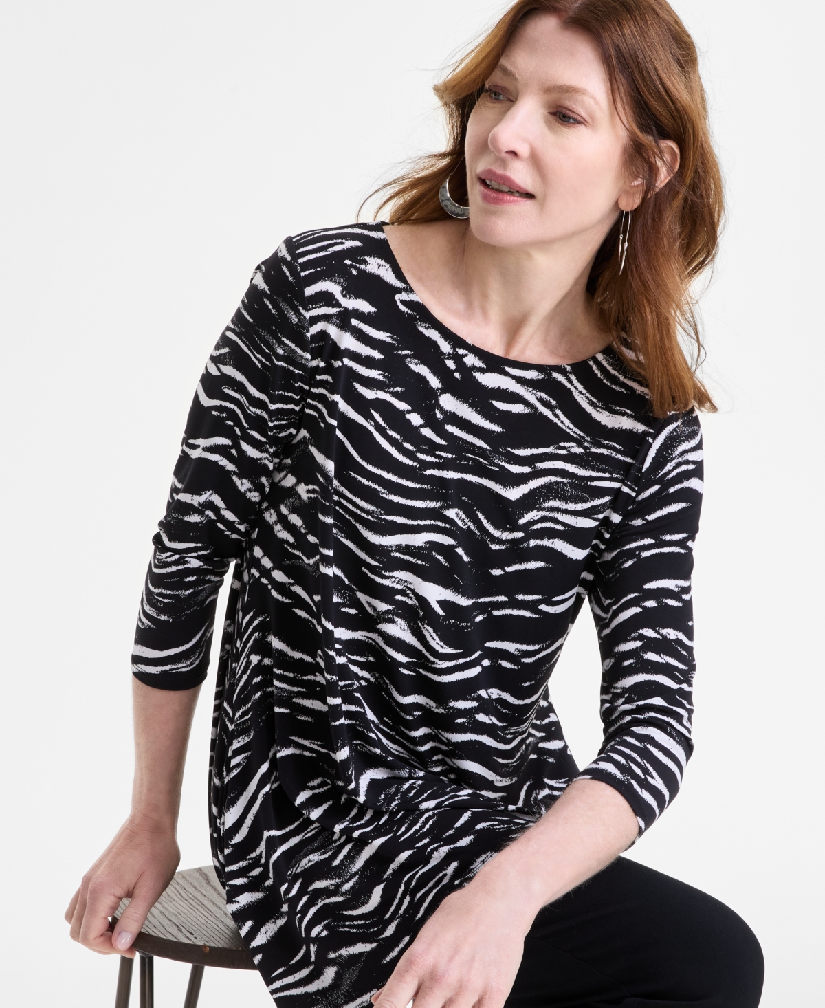 JM COLLECTION WOMEN'S PRINTED 3/4-SLEEVE KNIT TOP, EXCLUSIVELY AT MACY'S 