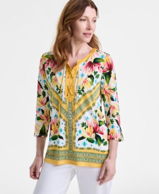 JM Collection - Women's Printed Lace-Up 3/4-Sleeve Top