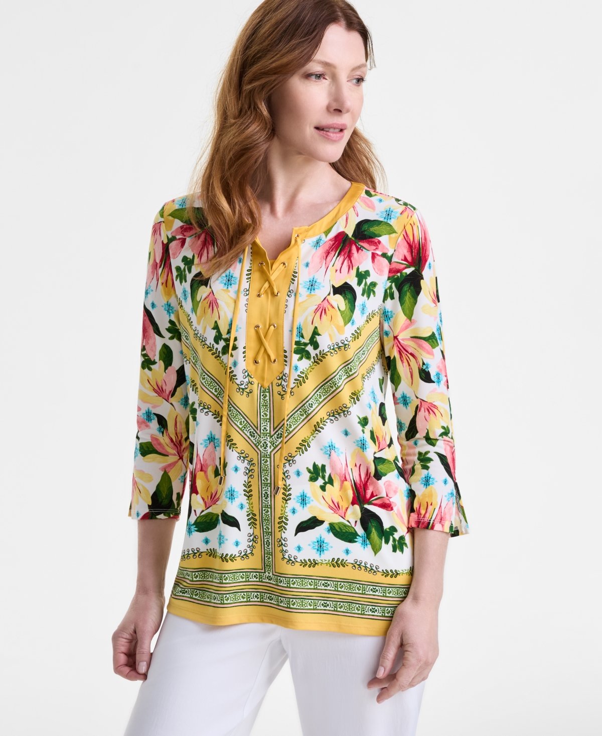 Shop Jm Collection Women's Printed Lace-up 3/4-sleeve Top, Exclusively At Macy's In Sweet Mandrin