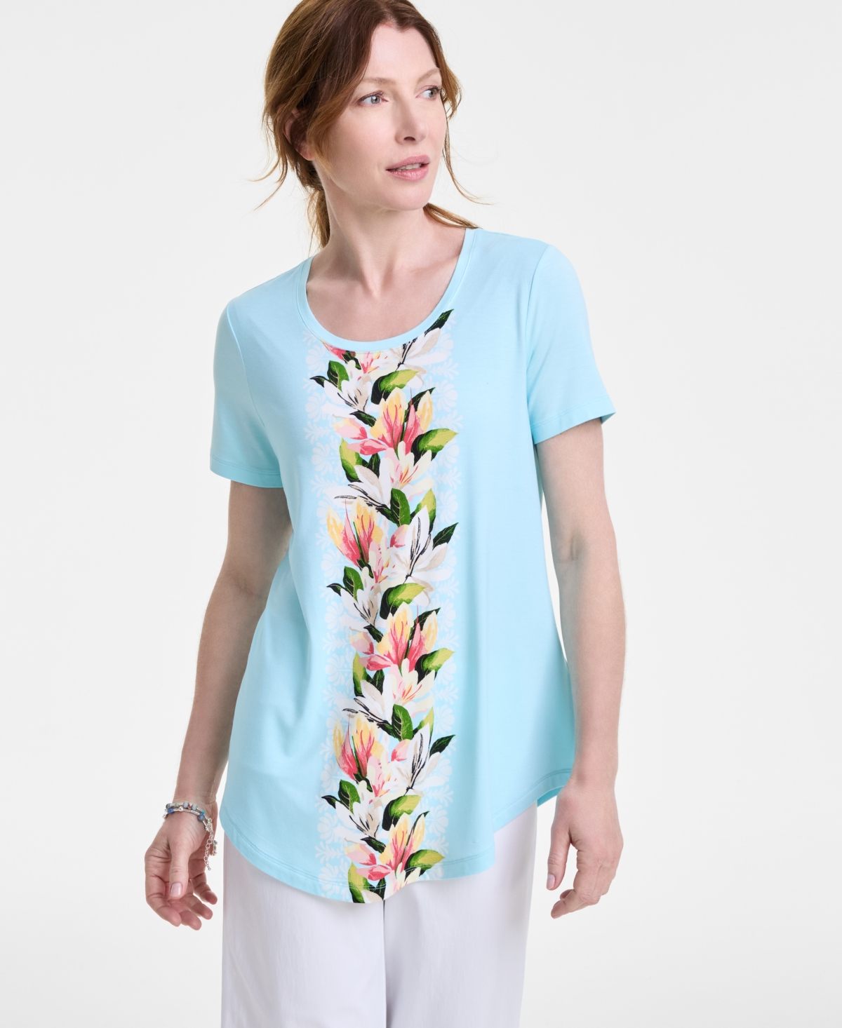 JM COLLECTION WOMEN'S PRINTED SCOOP-NECK SHORT-SLEEVE TOP, EXCLUSIVELY AT MACY'S 
