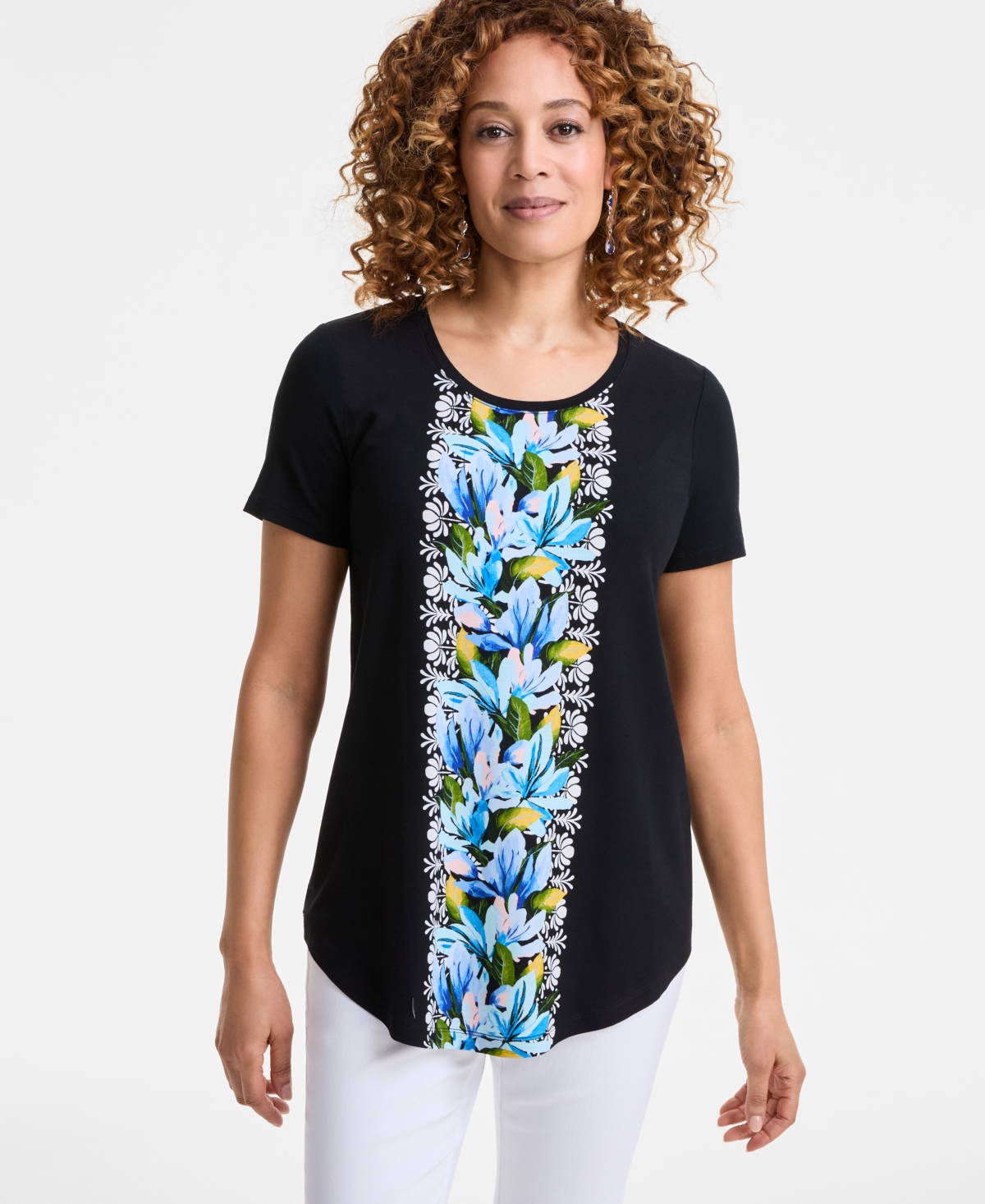 Shop Jm Collection Women's Printed Scoop-neck Short-sleeve Top, Exclusively At Macy's In Deep Black
