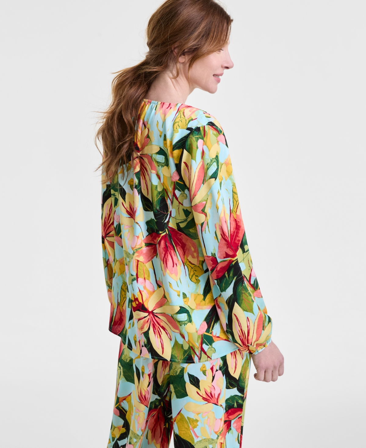 Jm Collection Womens Long Sleeve Satin Blouse Satin Wide Leg Pants Exclusively At Macys In Teal Spark