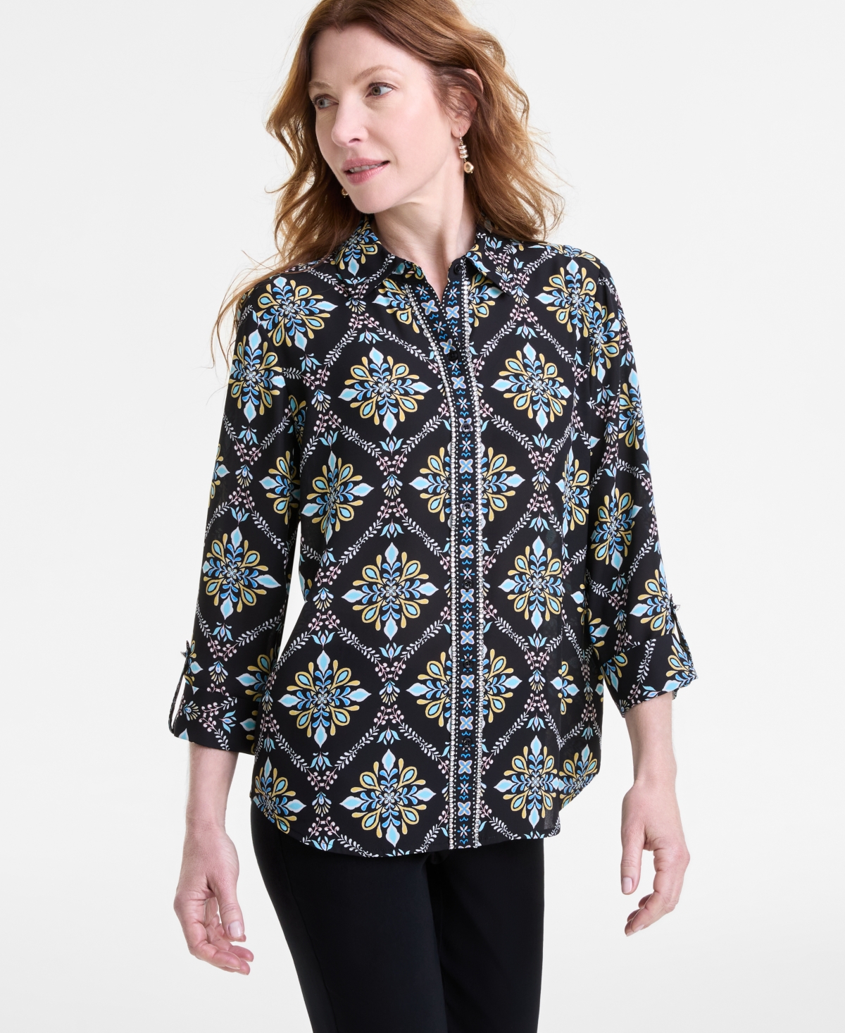JM COLLECTION WOMEN'S EMBELLISHED-PLACKET BUTTON-FRONT SHIRT, EXCLUSIVELY AT MACY'S 