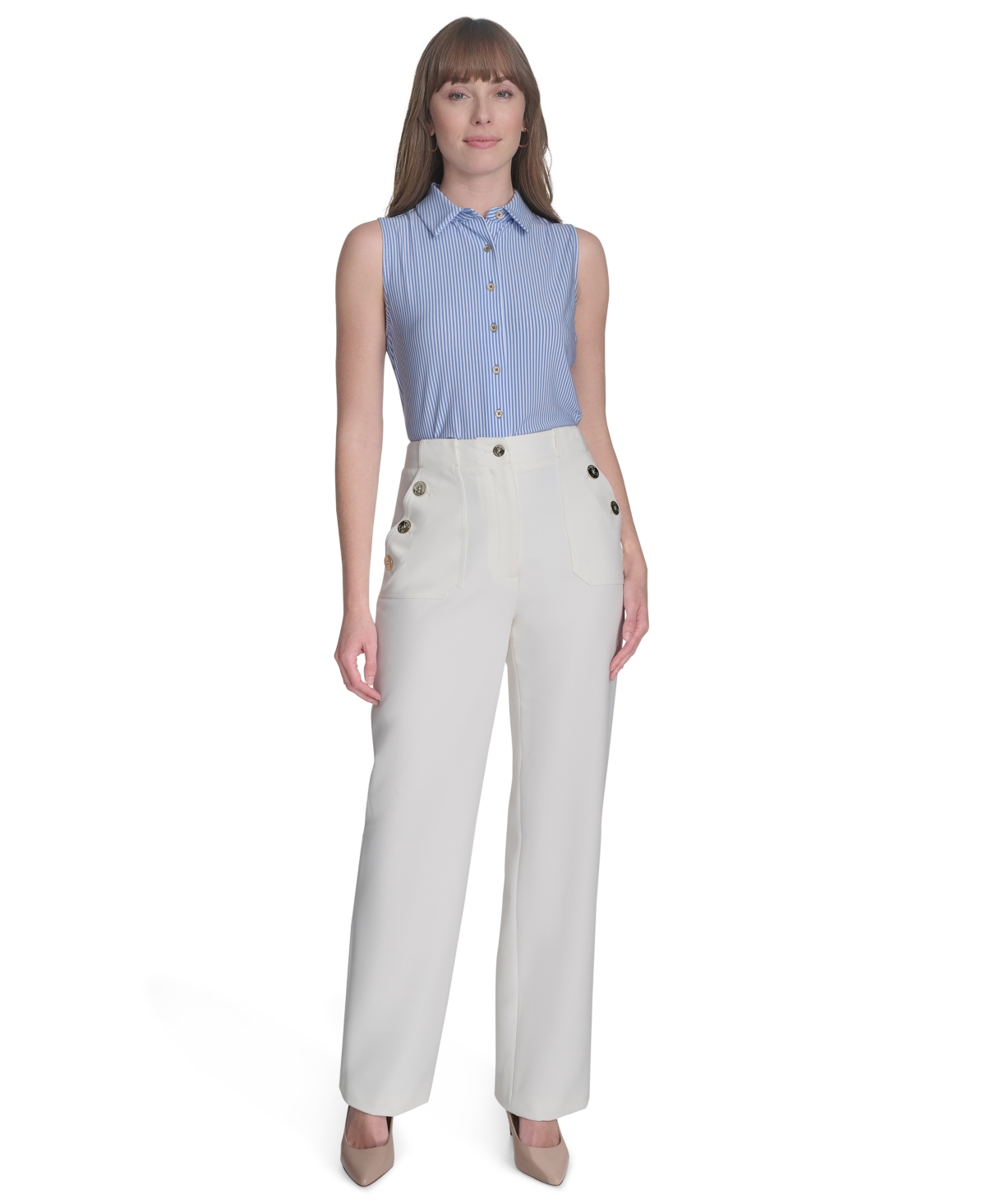 Tommy Hilfiger Women's Striped Sleeveless Button-up Blouse In French Blue,ivory