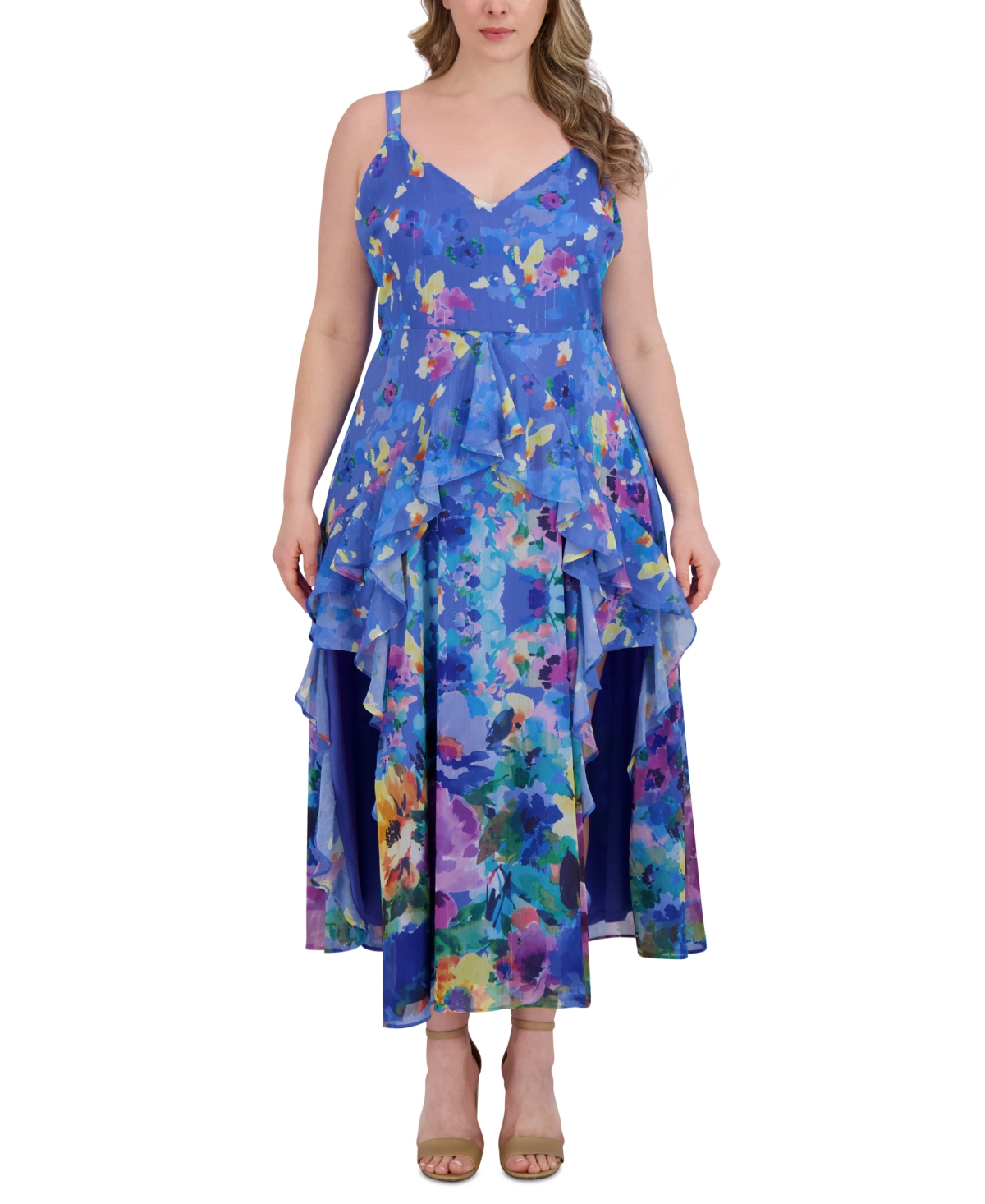 Plus Size Printed Ruffled Sleeveless Dress - Multi