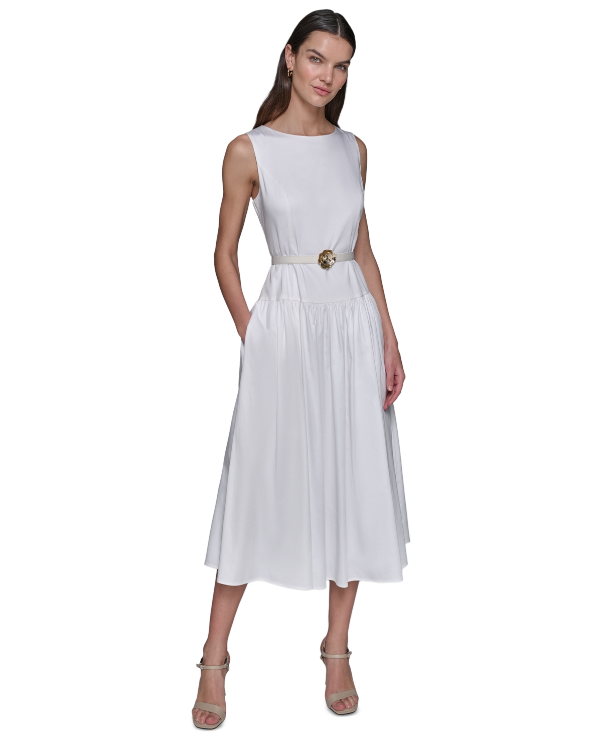 Women's Drop-Waist Floral-Belt Dress - Soft White