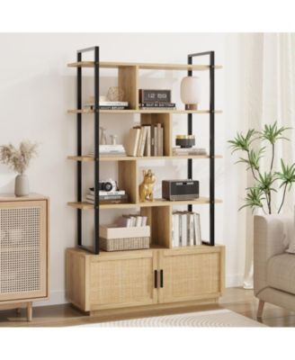 5 Tier Rattan Bookshelf with Storage Cabinet & Door, 71.1 Inch Tall Industrial Book Shelf with Open Display Shelves, 5 Shelf Bookcase with Metal Frame