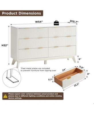 Fluted 6 Drawers Dresser, 54&amp;quot; Wide Modern Chest of Drawers with Faux Marble Top, Curved Profile Design, Dresser TV Stand, Wood Drawer Organizer for Bedroom, Living Room, Hallway, Solid White