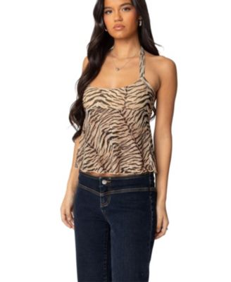 Womens Tiger Printed Mesh Babydoll Top