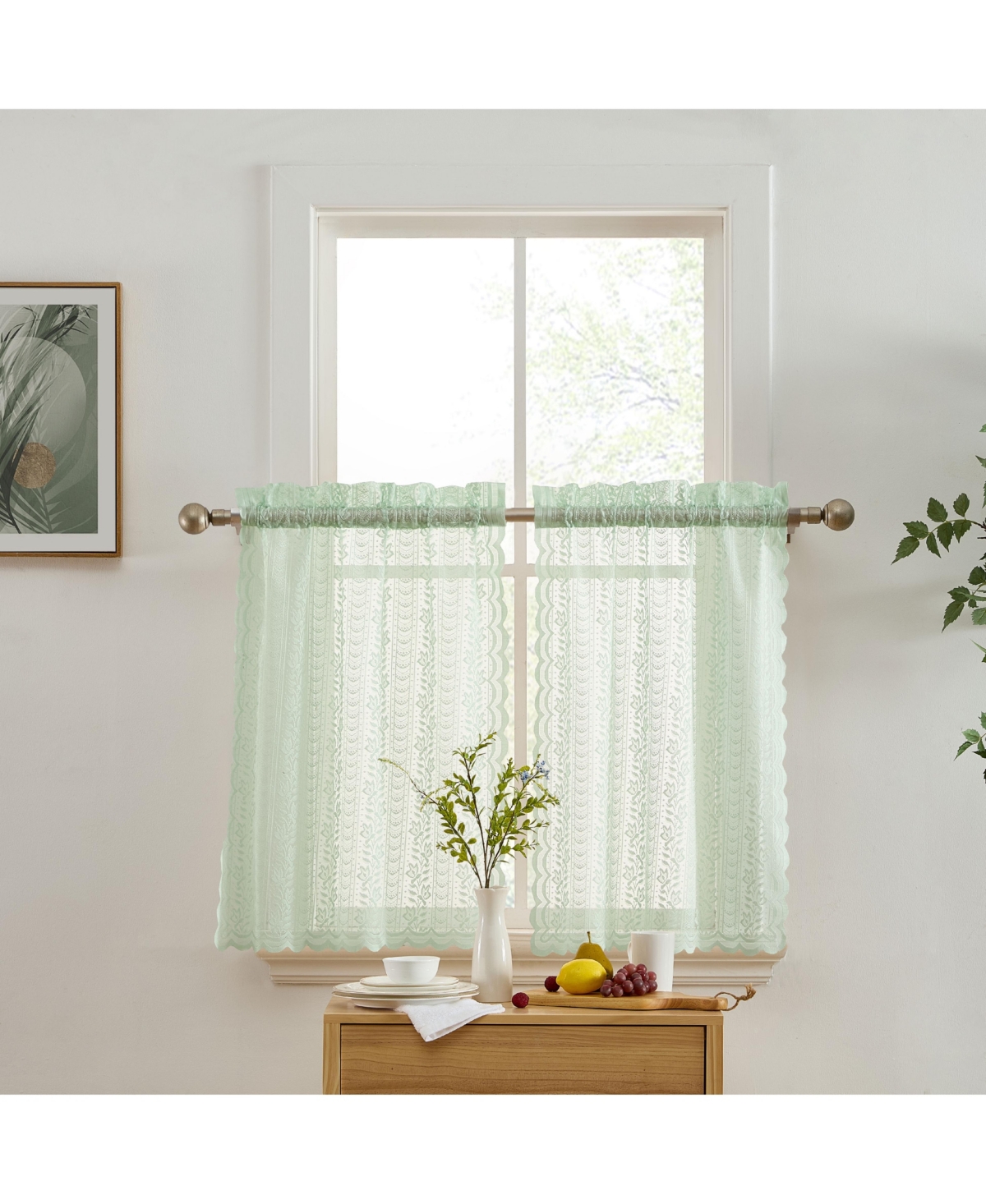 Hlc.me Sophia Floral Rod Pocket Lace Semi Sheer Voile Short Cafe Tiers for Small Windows - 28 x Inch Length (Seafoam Green Tiers