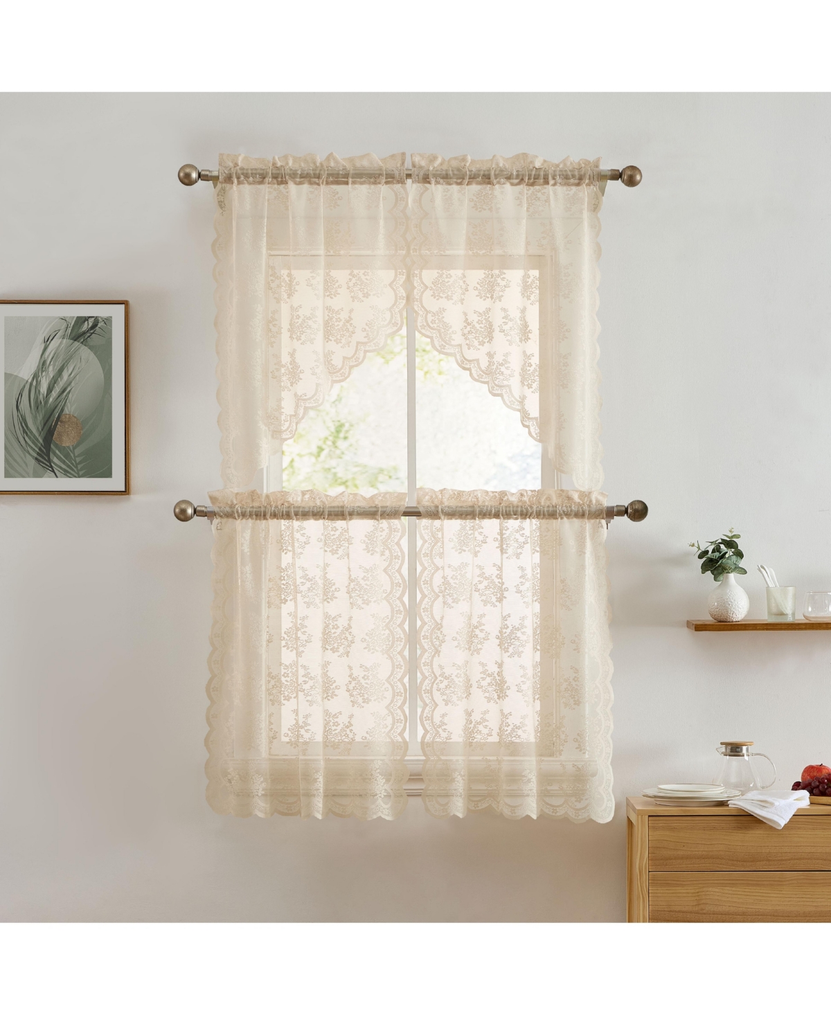 Hlc.me Jolene Floral Rod Pocket Lace Semi Sheer Voile Short Cafe Tiers for Small Windows - 28 x Inch Length (Taupe Tiers