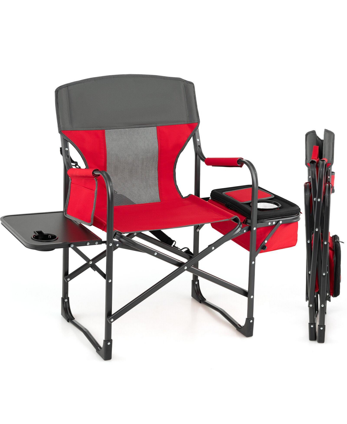 Folding Camping Directors Chair with Cooler Bag and Side Table - Red