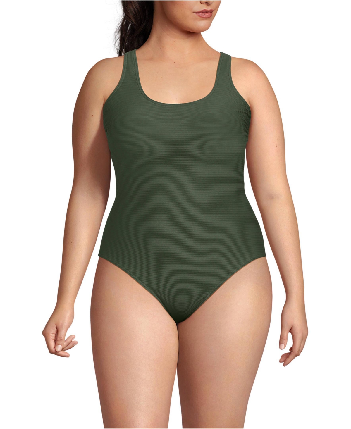 Plus Size Tugless Ribbed X-Back One Piece Swimsuit - Rich olive green ottoman