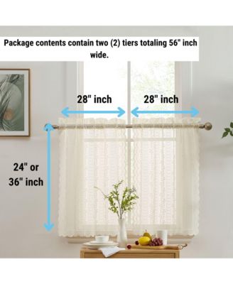 Sophia Floral Rod Pocket Lace Semi Sheer Voile Short Cafe Tiers for Small Windows - 28 x 36 Inch Length (Ivory Tiers, Set of 2)