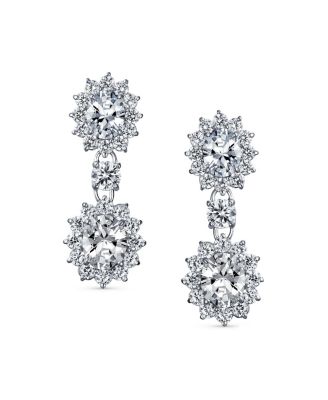 Crown Halo Pave Cubic Zirconia CZ Drop Dangling Oval Chandelier Clip On Earrings Statement Non-Pierced