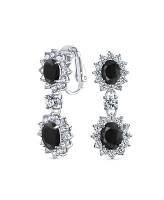 Crown Halo Pave Cubic Zirconia CZ Drop Dangling Oval Chandelier Clip On Earrings Statement Non-Pierced