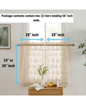 Jolene Floral Rod Pocket Lace Semi Sheer Voile Short Cafe Tiers for Small Windows - 28 x 24 Inch Length (Taupe Tiers, Set of 2)