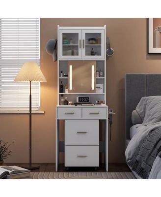 Small Vanity Desk with Mirror and LED Lights – Compact Makeup Table with Charging Station and Storage Shelves for Small Spaces