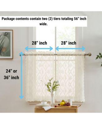 Isabella Floral Rod Pocket Lace Semi Sheer Voile Short Cafe Tiers for Small Windows - 28 x 24 Inch Length (Ivory Tiers, Set of 2)