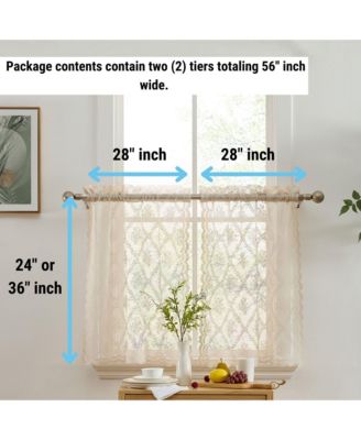 Isabella Floral Rod Pocket Lace Semi Sheer Voile Short Cafe Tiers for Small Windows - 28 x 24 Inch Length (Taupe Tiers, Set of 2)