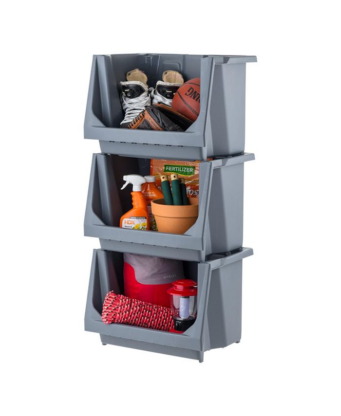 IRIS USA Medium Stackable Storage Bins Open Front, Heavy Duty Garage Organization, Gray 3Pack