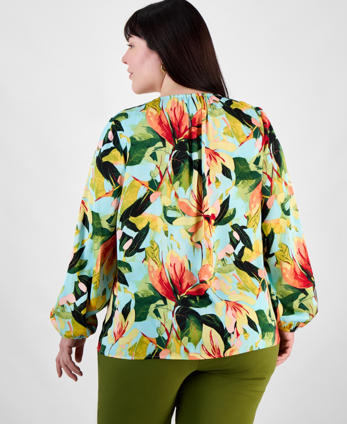 Jm Collection Plus Size Printed Long-sleeve Top, Exclusively At Macy's In Teal Spark