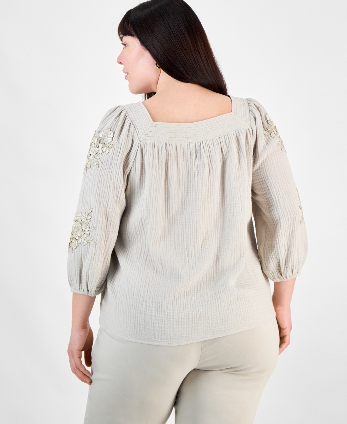 JM COLLECTION PLUS SIZE COTTON SQUARE-NECK FLORAL-APPLIQUE TOP, EXCLUSIVELY AT MACY'S 