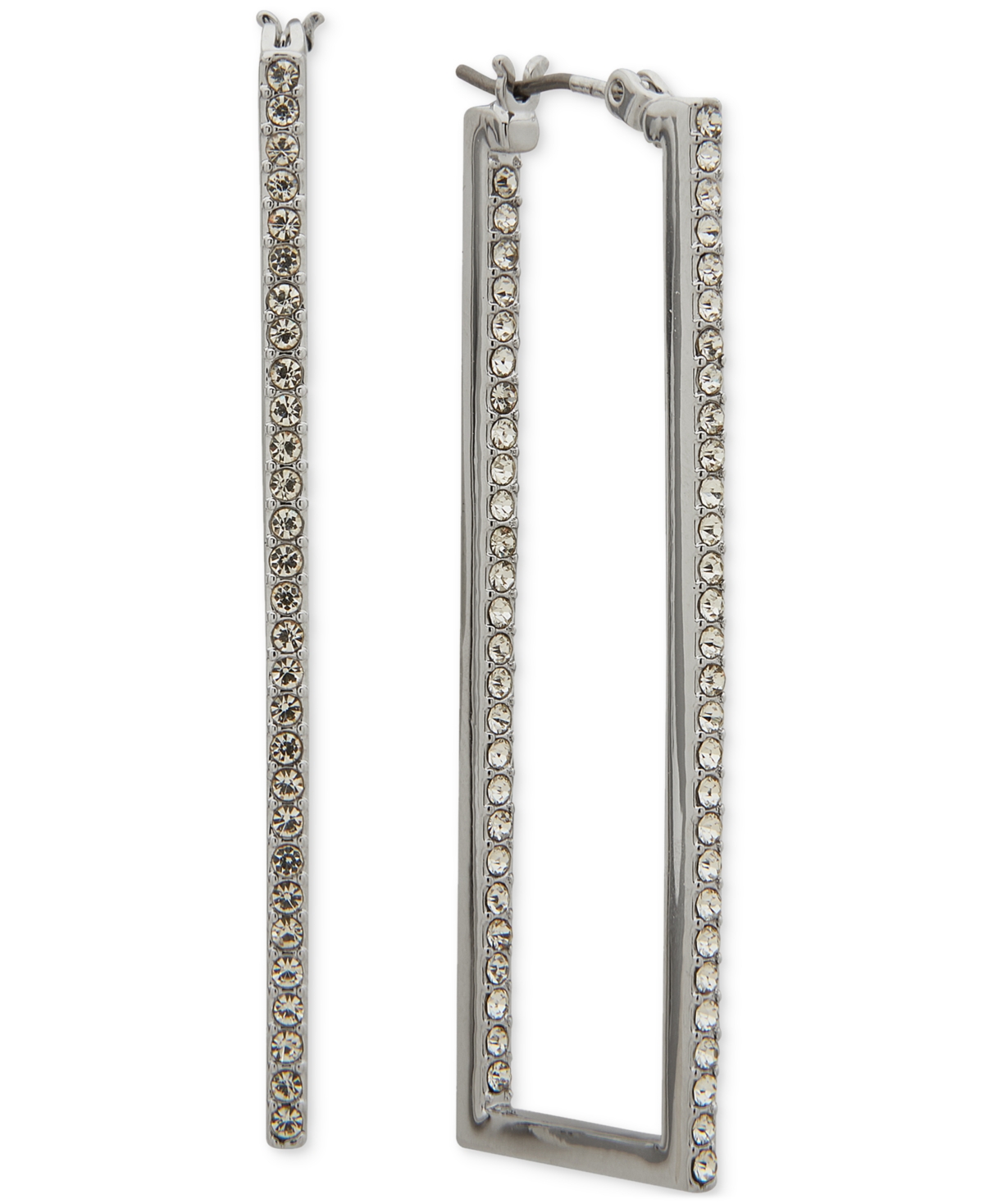 Karl Lagerfeld Crystal Rectangular Medium Hoop Earrings, 1.81" In Silver