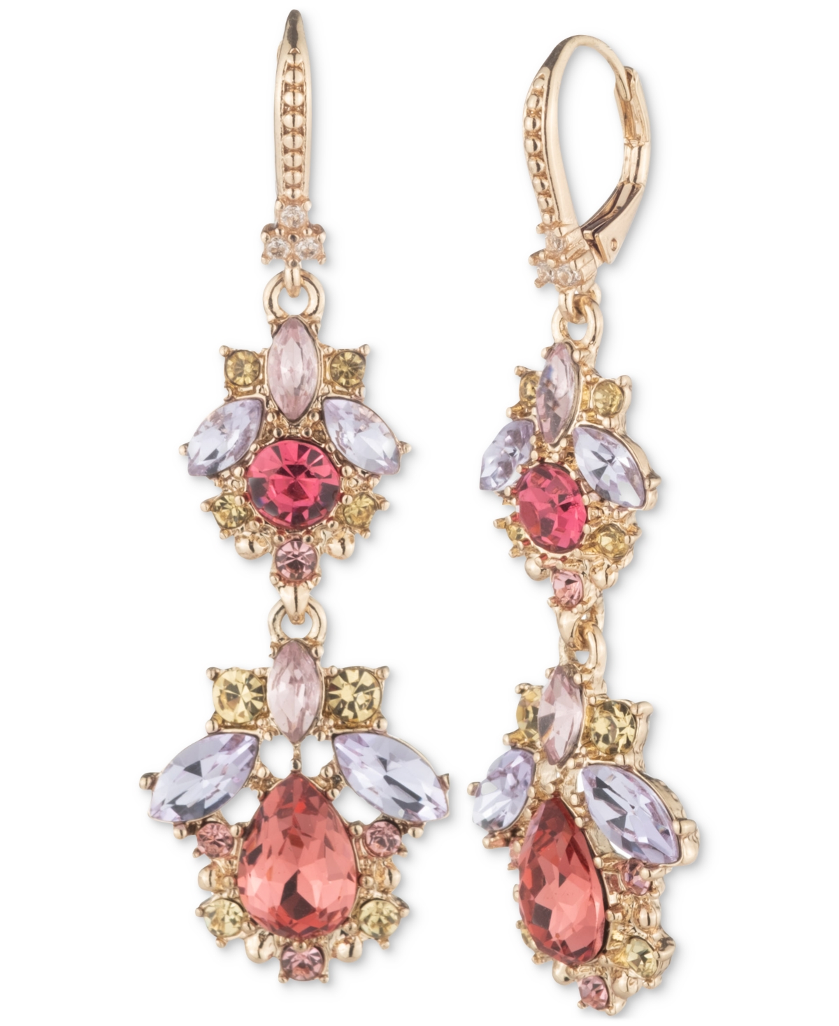 MARCHESA GOLD-TONE MIXED CRYSTAL CLUSTER DOUBLE DROP EARRINGS 