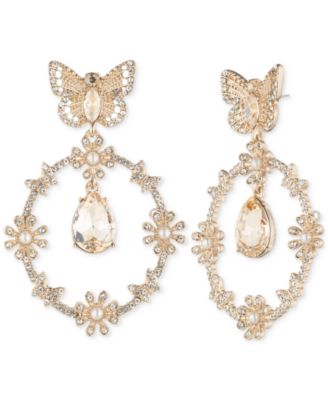 Marchesa - Gold-Tone Mixed Crystal & Imitation Pearl Butterfly Orbital Drop Earrings