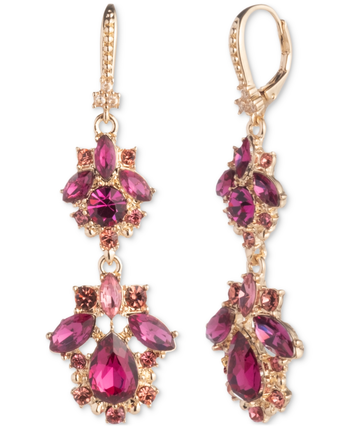 MARCHESA GOLD-TONE MIXED CRYSTAL CLUSTER DOUBLE DROP EARRINGS 