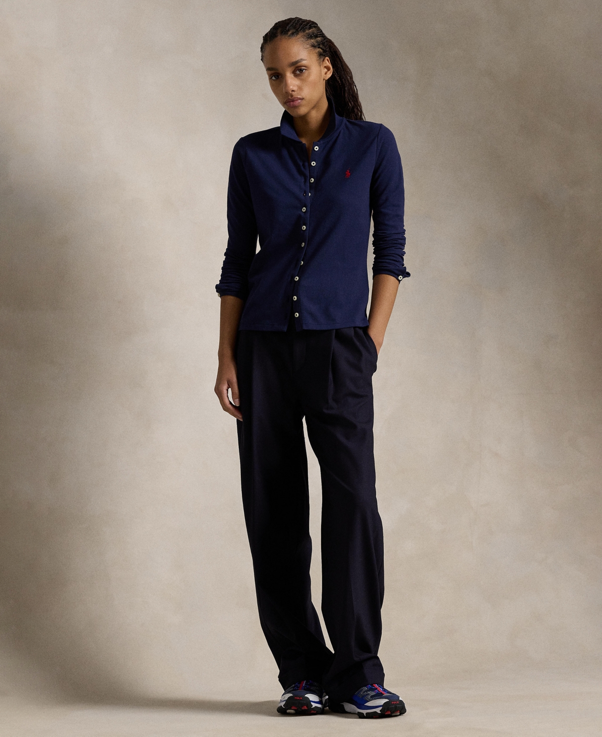 Polo Ralph Lauren Buttoned-placket Long-sleeve Polo Shirt In Newport Navy