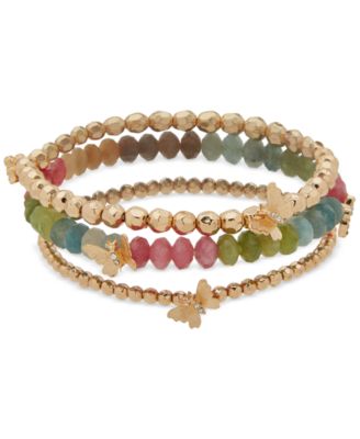 lonna & lilly - Gold-Tone 3-Pc. Set Pav&eacute; Butterfly & Stone Beaded Stretch Bracelets