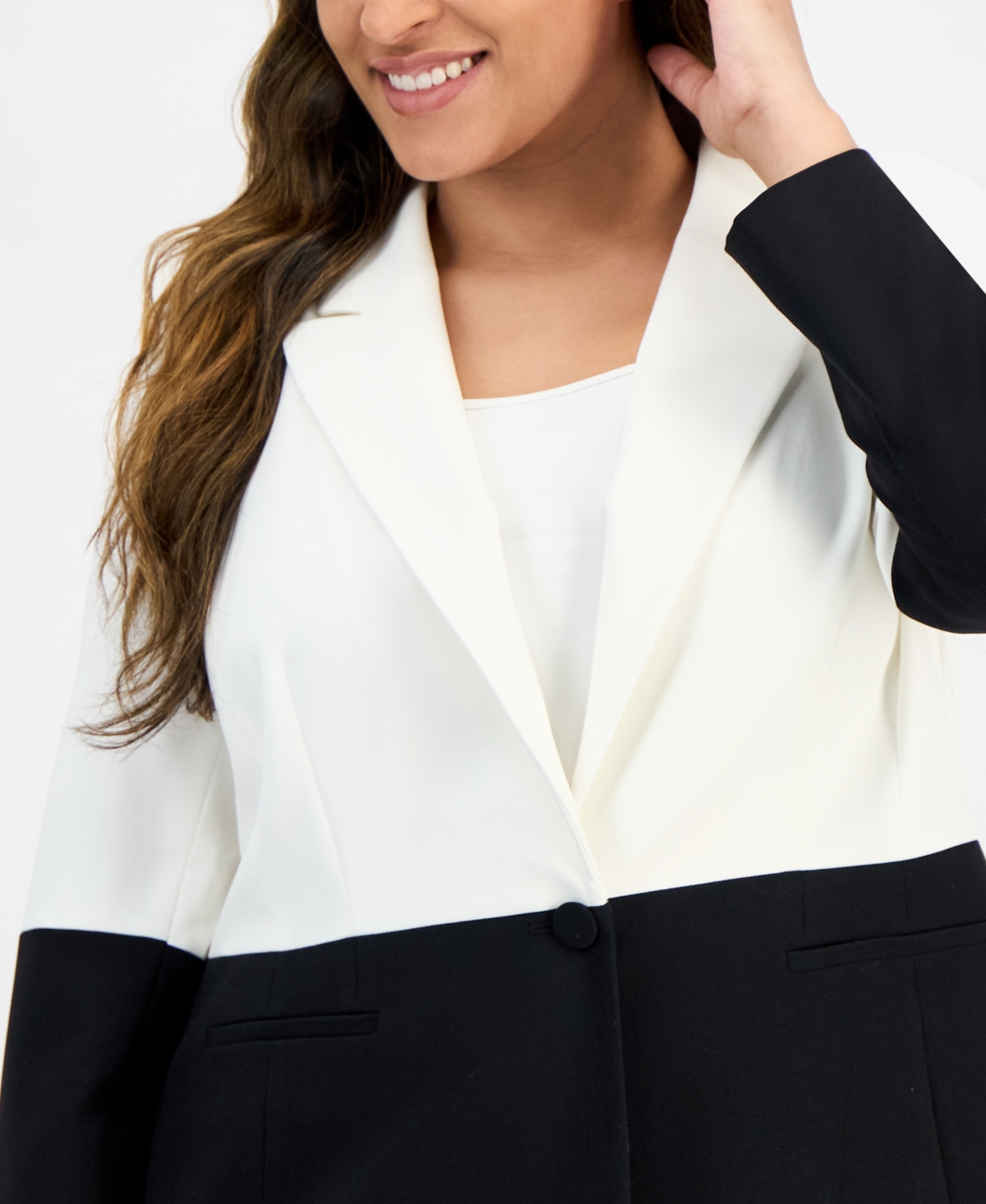 Tahari Asl Plus Size Colorblocked Button Blazer In White,black