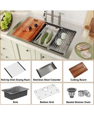 33" L x 22" W Single Bowl Stainless Steel Drop-in Workstation Kitchen Sink with Accessories